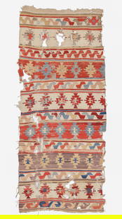 Central Anatolian Kilim, Turkey, Ca. 1800, 4'8'' x 10'9'': Central Anatolian Kilim, Turkey, Ca. 1800, 4'8'' x 10'9'' (142 x 328 cm). Weight: 8 lbs. Material: wool surface, wool warp.