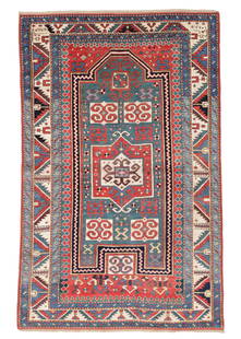 Kazak Prayer Rug, Caucasus, Ca. 1875, 3'3'' x 5'2'': Kazak Prayer Rug, Caucasus, Ca. 1875, 3'3'' x 5'2'' (99 x 157 cm). Twice inscribed. Weight: 6 lbs. Material: wool pile, wool warp, wool weft. Ex. New England collection.