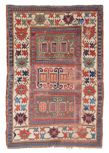Kazak Rug, Caucasus, Mid 19th C., 4'6'' x 6'6'': Kazak Rug, Caucasus, Mid 19th C., 4'6'' x 6'6'' (137 x 198 cm). Weight: 8 lbs. Material: wool pile, wool warp, wool weft.