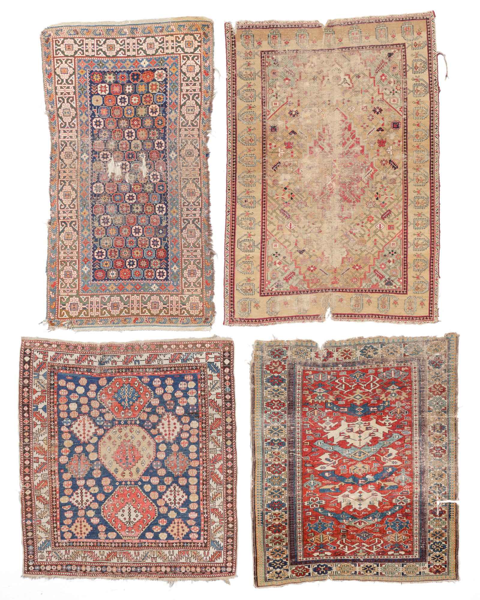 4 Worn Antique Caucasian Rugs, Caucasus: 4 Worn Antique Caucasian Rugs, Caucasus, 19th C., Largest Size: 4'2'' x 5'10'' (127 x 178 cm). Weight: 26 lbs total. Material: wool pile, wool warp, wool weft.