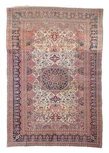 Unusual Antique Kashan Rug, Persia, 7'10'' x 11'3'': Unusual Antique Kashan Rug, Persia, 7'10'' x 11'3'' (239 x 343 cm). Weight: 35 lbs. Material: wool pile, cotton warp, cotton weft. The top third of rug appears to be structurally close to a Mohtashem