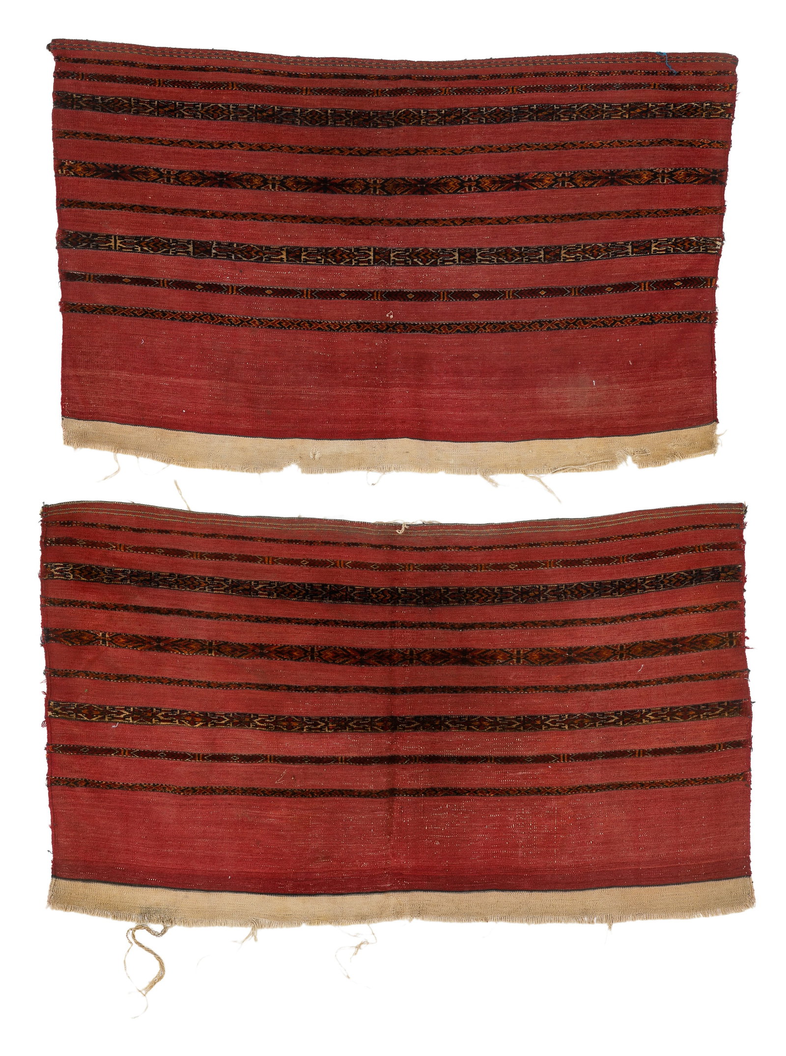 Pair of Yomud Mixed Weave Chuvals, Turkmenistan, Ca. 1875: Pair of Yomud Mixed Weave Chuvals, Turkmenistan, Ca. 1875, Largest Size: 4'3'' x 2'6'' (130 x 76 cm). Material: wool pile, wool warp, wool weft.