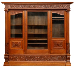 Fine Carved Oak Vitrine Bookcase, 6'9" x 7'7' x 1'11"