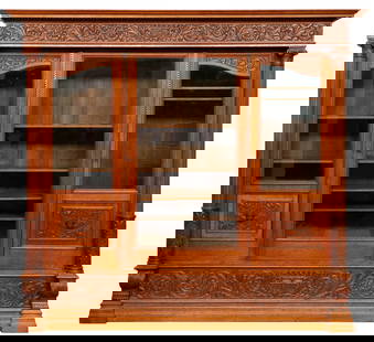 Fine Carved Oak Vitrine Bookcase, 6'9" x 7'7' x 1'11": Fine Carved Oak Vitrine Bookcase. Comes with five keys for doors and drawers. Easily disassembled for removal and transportation. Size: 81'' x 91'' x 23'' (206 x 231 x 58 cm).