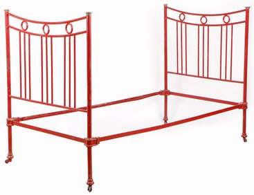 Antique Red-Painted Cast Iron Single Bed Frame, 19th C.