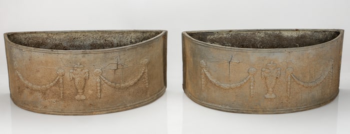 Pair of English Lead Demilune Garden Planters