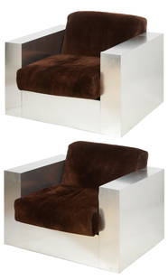 Pair of Thayer Coggin Lounge Chairs: Pair of Thayer Coggin Lounge Chairs. Metallic laminate frames. Labeled: Thayer Coggin, Inc. High Point, NC. Size: 29'' x 38'' x 35'' (74 x 97 x 89 cm). Collection of Dr. and Mrs. Albert and Carol Rose