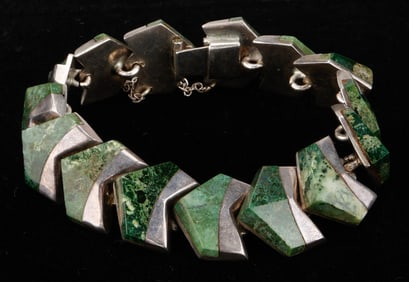 Taxco Sterling Silver And Malachite Bracelet By Enrique Ledesma