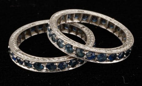 2 Vintage 14K White Gold Sapphire Eternity Band Rings