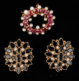 Pair Of 14K Gold, Pearl and Onyx Blouse Studs and a 14K Gold, Rubies, Pearl Brooch