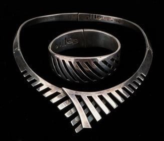 Mexican Modernist Sterling Silver Necklace And Bracelet