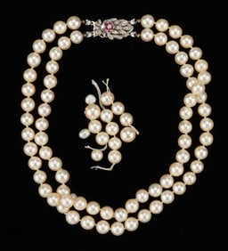 Double Strand Pearl Necklace With 14K White Gold, Ruby And Diamond Clasp