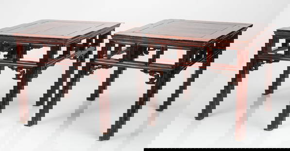 Pair of Antique Chinese Side Tables: Pair of Antique Chinese Side Tables. With open fretwork design and dark patina. Each Size: 20'' x 22'' x 22'' (51 x 56 x 56 cm). After making payment, all furniture buyers must collect and remove thei
