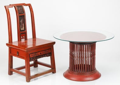 Traditional Qing Style Side Chair With Hidden Drawer and Drum Table