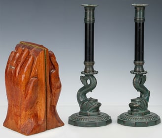 Carved Wood Hand Bookends And Dolphin Candlesticks