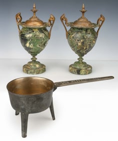 English Bronze Posnet And Pair of Marble Urns
