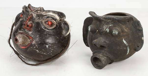 American Folk Art Pottery Heads: American Folk Art Pottery Heads. Sizes: 1) 7.5'' x 6.5'' x 8'' (19 x 17 x 20 cm); 2) 6.5'' x 8'' x 7.5'' (17 x 20 x 19 cm).