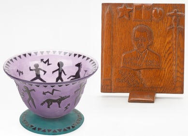 Wood Memorial Carving And Art Glass Bowl