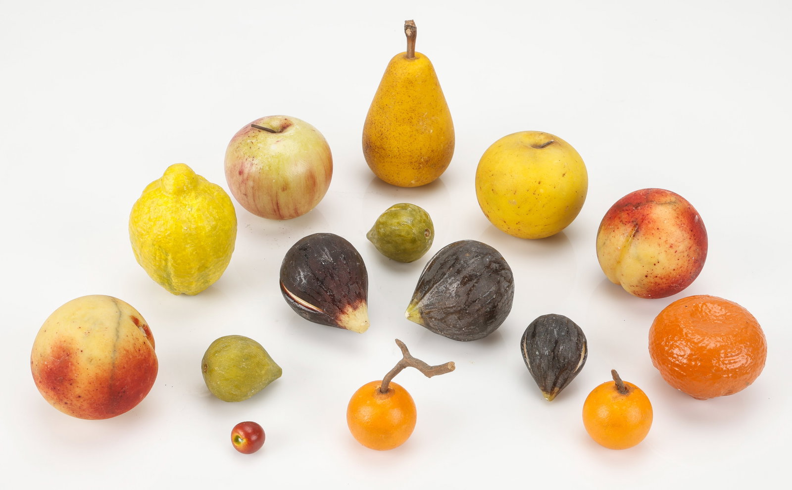Collection of Italian Marble Fruit: Collection of Italian Marble Fruit. (15 items). Lengths Ranging From: 1.5" (4 cm); To: 5" (13 cm).