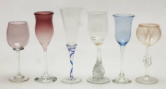 Collectors Lot of Vintage Art Glass Stemware, 6 Pieces: Collectors Lot of Vintage Art Glass Stemware, 6 Pieces. The blue champagne flute signed: Charles Correll. The clear wine glass with the ornamental stem signed: Ellie Burke and dated 1992. The taller c