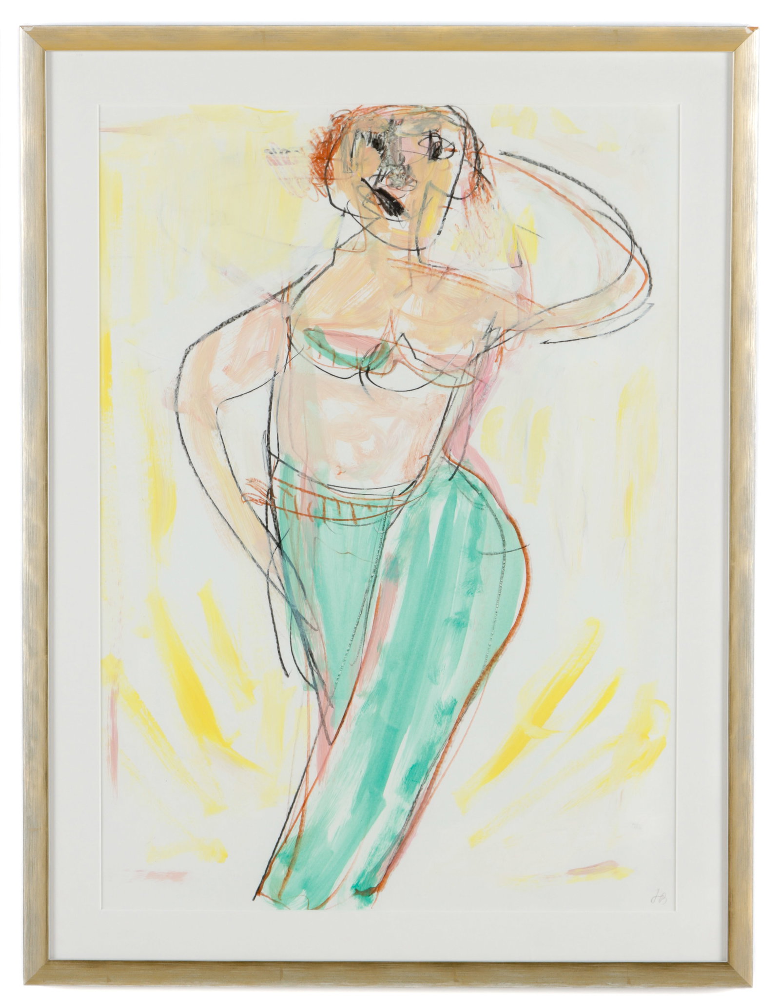 Jim Bloom (b. 1968) "Figure drawing with green pants": Jim Bloom (American, b. 1968) "Figure drawing with green pants", Mixed Media painting on paper, signed. Framed. Size: 23.75'' x 17'', 60 x 43 cm (sight); 28.25'' x 21.5'', 72 x 55 cm (frame).