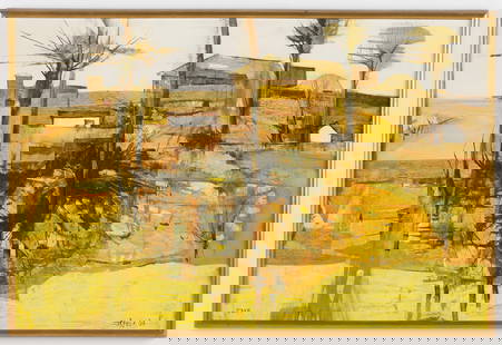 John R. Fell (American, 1917-2009) "Farm", 1964: John R. Fell (American, 1917-2009) "Farm", 1964, oil painting on board, signed, dated, and titled. Framed. Size: 23'' x 35'', 58 x 89 cm (sight); 24.5'' x 36.5'', 62 x 93 cm (frame).