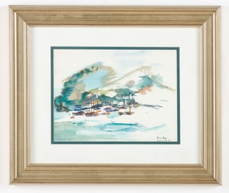 Two Elinor Levy (American 20th C.) Watercolor Paintings with Aquatic Landscape Engraving