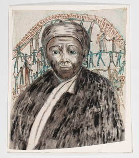 Leon Kennedy (American, b. 1945) "Harriet Tubman": Leon Kennedy (American, b. 1945) "Harriet Tubman", mixed media on cloth, signed. Unframed. Size: 39'' x 31.5'', 99 x 80 cm (fabric); 41'' x 34'', 104 x 86 cm (mat). Leon Kennedy is a self-taught artis