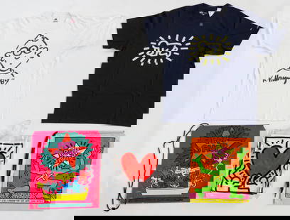 Collector's Lot of Keith Haring Pop Shop Swag: Collector's Lot of Keith Haring Pop Shop Swag. Including 2 t-shirts and 3 bags. Sizes: bags: 18.75'' x 16.75'' (48 x 43 cm). Shirts marked Large. 27'' x 32'' (69 x 81 cm). Being Sold to Benefit the Ro