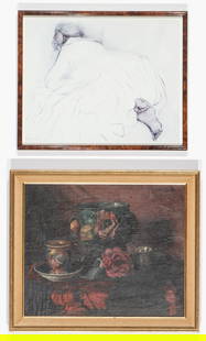 2 Artworks: 1) After R. C. Gorman (Native American/Navajo, 1931-2005) "Pensive Woman", 1979, reproduction print on paper, printed signature and date. Framed. 2) Still Life, oil painting on canvas, signed illegibl