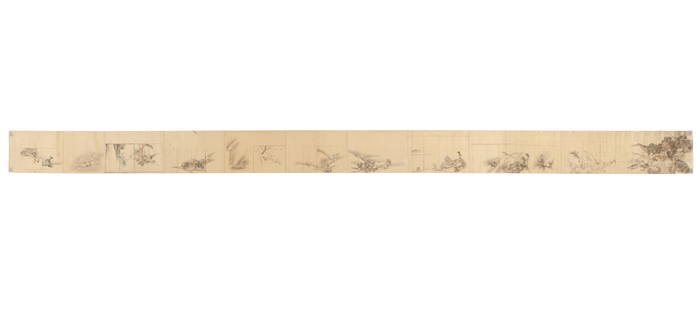 Long Asian Painted Hand Scroll, L: 14'1": Long Asian Painted Hand Scroll, ink on parchment. Depicts multiple separate scenes, with varying levels of detail. Size: 10.5'' x 169.5'', 27 x 431 cm (scroll).