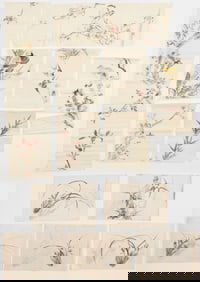 Collection of 12 Japanese Antique Hand Paintings, Meiji Period, 19th C.