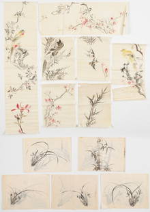 Collection of 12 Japanese Antique Hand Paintings, Meiji Period, 19th C.: Collection of 12 Japanese Antique Hand Paintings, Meiji Period, 19th C. Painting on washi paper of birds, lilies, trees and flowers. Size: Ranging from 14.75'' x 11'', 37 x 28 cm (sheet) to 44'' x 11'