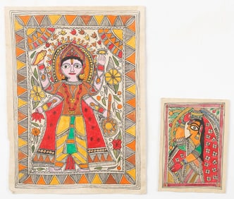 Two Vintage Indian Madhubani (Mithila) Folk Art Paintings