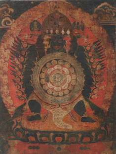 Antique Bonpo Thangka of Zhangzhung Meri Holding A Mandala, Tibet: Antique Bonpo Thangka of Zhangzhung Meri Holding A Mandala, Tibet. Paint on cloth; professionally conserved and laid on a cotton linen backing. Size: 26.5'' x 19.5'', 67 x 50 cm.