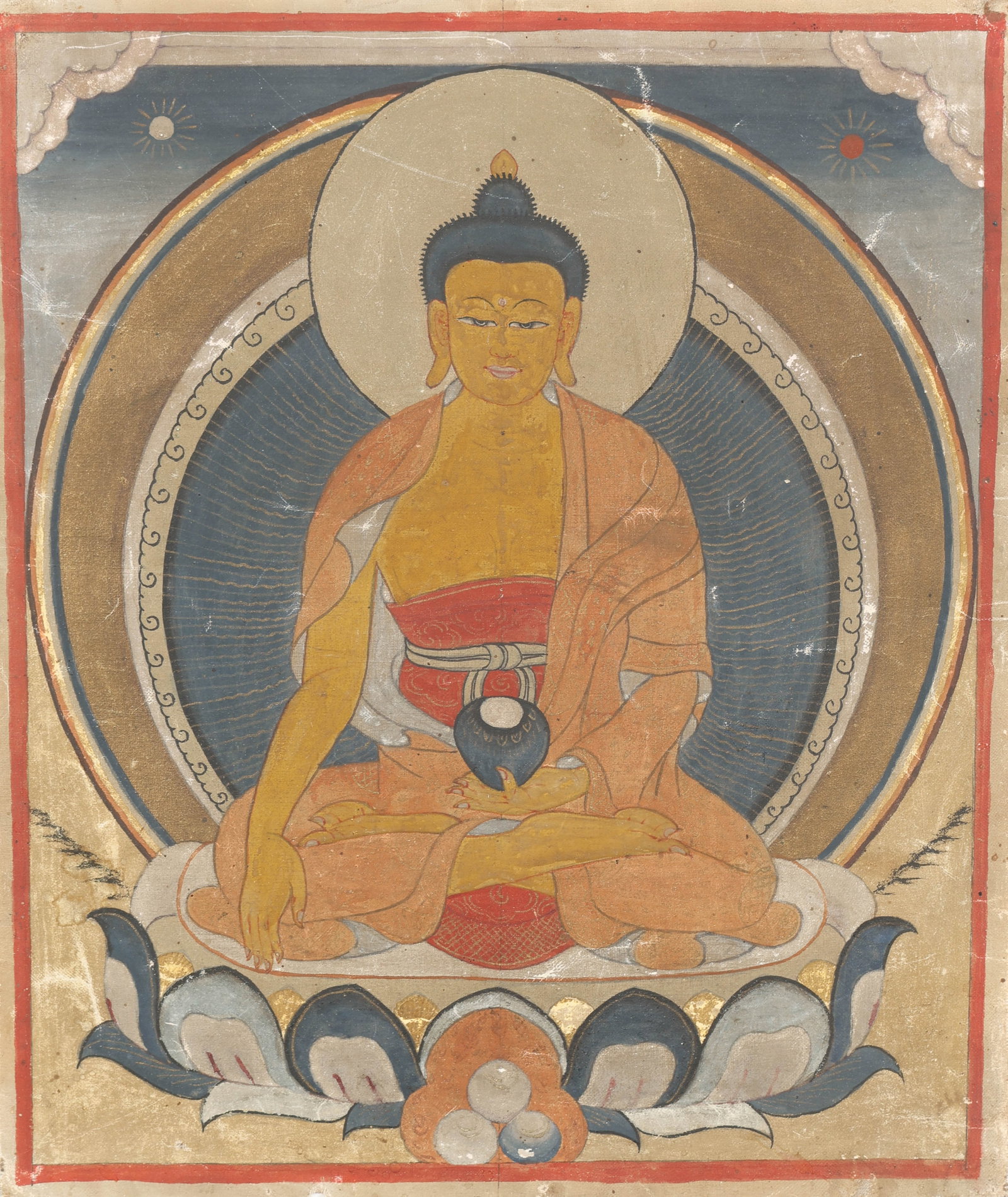 Tibetan Thangka of Shakyamuni Buddha: Tibetan Thangka of Shakyamuni Buddha. Size: 12'' x 10'' (30 x 25 cm).