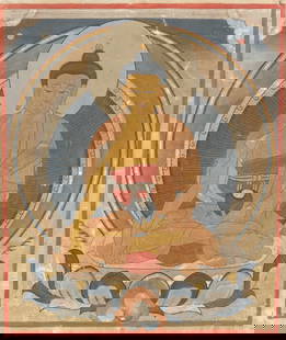 Tibetan Thangka of Shakyamuni Buddha: Tibetan Thangka of Shakyamuni Buddha. Size: 12'' x 10'' (30 x 25 cm).
