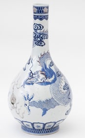Chinese Blue And White Dragon Bottle Vase