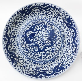 Chinese Ming Style Wanli Blue And White Dragon Charger