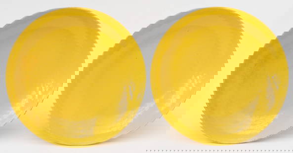2 Chinese Yellow Glaze Plates: 2 Chinese Yellow Glaze Plates. Each base with blue 6-character mark. Each Size: 8.75'' x 8.75'' x 1.75'' (22 x 22 x 4 cm).