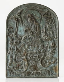 Chinese Bronze Relief Plaque Of Guanyin And Attendants