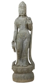 Asian Carved Stone Standing Guanyin Sculpture, H:35"