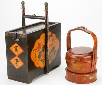 A Chinese Storage Box And Two-Tier Lacquer Wedding Basket