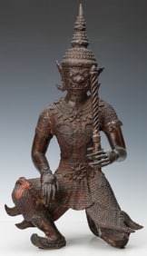 Thai Bronze Figure of Yaksha Guardian, H: 21"
