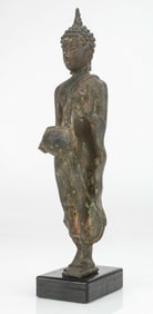 Thai Bronze Figure of Walking Buddha With Alms Bowl