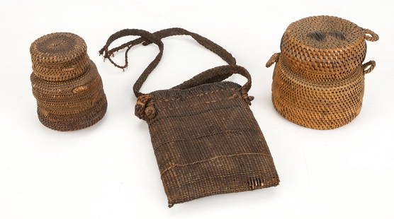 Collector's Lot of Baskets: Collector's Lot of Baskets. One Ifugao Basket, Philippines, Early 20th C. Together with two mid-20th C. Bakuma baskets. Sizes Ranging From: 4'' x 3.5'' x 3.5'' (10 x 9 x 9 cm); To: 6.5'' x 5.5'' x 1.5
