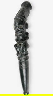 Taino / Arawak Carved Basalt Ceremonial Staff / Scepter: Taino / Arawak Carved Basalt Ceremonial Staff / Scepter. Seated cacique figure. Size: 17.5'' x 3'' x 6'' (44 x 8 x 15 cm).