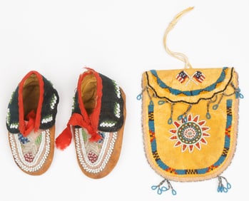 Native American Plains Beaded Child's Moccasins and Pouch