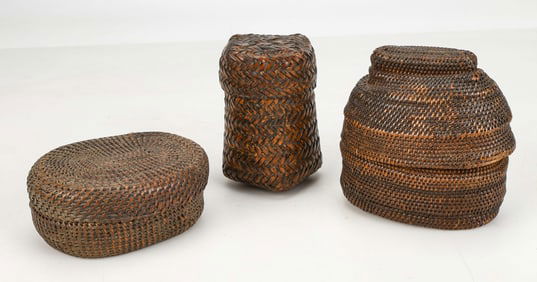 3 Bakuba Complex Baskets, DRC, Early 20th C.