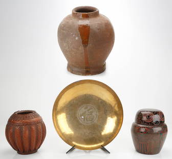 Ethnographic Collector's Lot: Ethnographic Collector's Lot. Large Clay pot. Size: 15.5'' x 13'' x 13'' (39 x 33 x 33 cm). Together with a basket, brass charger on stand, lacquer owl-form covered bowl. Size: From: 11'' x 9'' x 9''